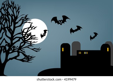 Bats fly from castle at night in full moon in this halloween vector illustration.