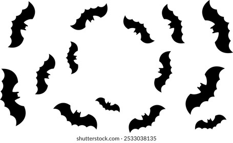 Bats fly in a circle silhouette design as Halloween illustration with transparent background, dark bats for Halloween