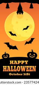 afiche de halloween con murciélagos y calabazas