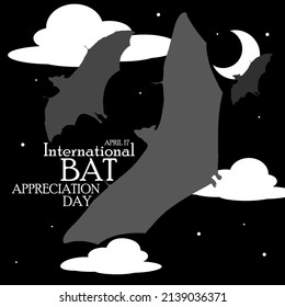 Bats flying above the night sky with crescent moon, stars, clouds and texts, International Bat Appreciation Day April 17