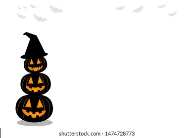 Bats flying above three black pumpkins.Stack of three pumpkins  and a witch hat. White background with space for text. Happy Halloween concept.Vector illustration.Blank space at the right side.