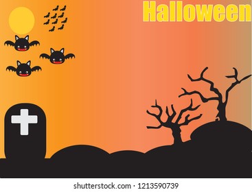 The bats are flying above the yellow moon with a shiny black stick placed on a yellow orange background Halloween