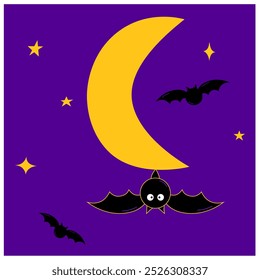 bats flying across the full moon on halloween night magic composition far greeting cards tipography
