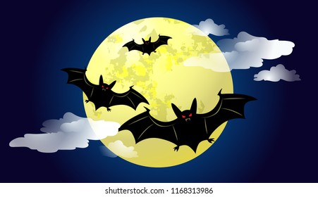 Bats flying against moonlight at night vector illustration. Halloween background. For websites, wallpapers, banners or posters