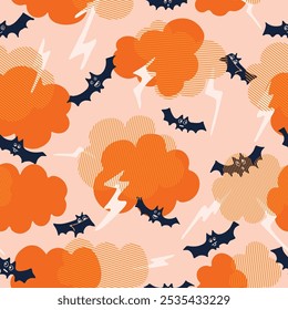 Bats flying around lightning bolts and thunder clouds creating a Halloween spooky scene in color palette of orange, white and black on cream background. A seamless vector pattern. Great for home decor