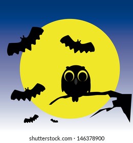 bats flying around an owl observer yellow full moon background and blue sky.