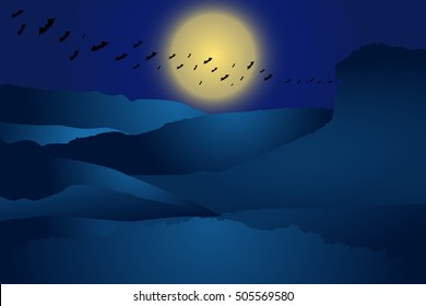 Bats flying from cave at twilight, moon in background, Vector landscape background, drawing by hand vector and digital illustration created without reference image.