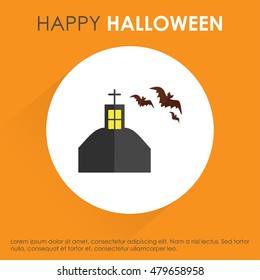 Bats Flying in grave yard scary theme greeting card. Orange Shadow Background.  Halloween vector background. Party background template. Vector illustration