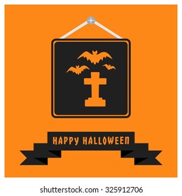 Bats Flying in graveyard with cross icon. Black Happy Halloween Ribbon Banner on Orange background. Vector illustration