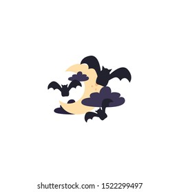 bats flying with half moon on white background vector illustration design