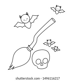 bats flying halloween with broom witch and skull