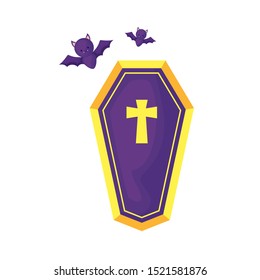 bats flying halloween with coffin vector illustration design