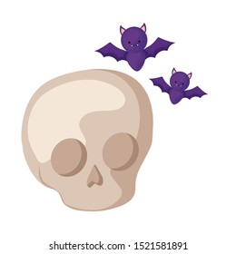 bats flying halloween with skull vector illustration design