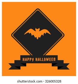 Bats Flying icon. Black Happy Halloween Ribbon Banner on Orange background. Vector illustration