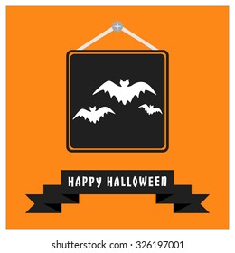 Bats Flying icon. Black Happy Halloween Ribbon Banner on Orange background. Vector illustration