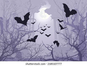 Bats flying in misty forest, halloween background. Scary tree, moon, fog