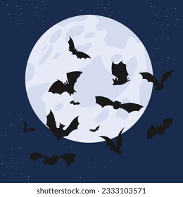 Bats flying in moonlight banner or card layout for Halloween, flat vector illustration. Halloween card template with silhouettes of flying bats in night.