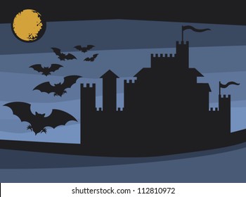 bats flying in the moonlight and old castle (illustrations of halloween night)