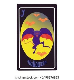 Bats flying at night - Halloween symbols are depicted on a playing card representing a jack.