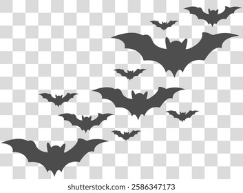 Bats flying in a night sky over a cityscape during dusk with a clear background