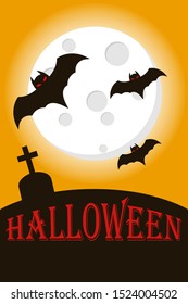 Bats flying on the full moon. Happy Hallowen