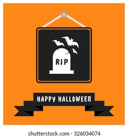 Bats flying on RIP grave icon. Black Happy Halloween Ribbon Banner on Orange background. Vector illustration
