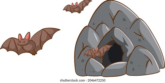 Bats flying out of the cave on white background illustration