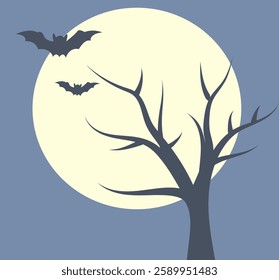 Bats flying over a barren tree under a full moon in a nighttime illustration. Halloween.