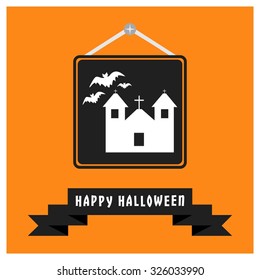 bats flying over church hunted tree building icon. Black Happy Halloween Ribbon Banner on Orange background. Vector illustration