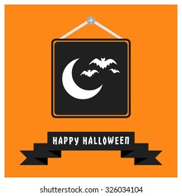 bats flying over the moon night icon. Black Happy Halloween Ribbon Banner on Orange background. Vector illustration