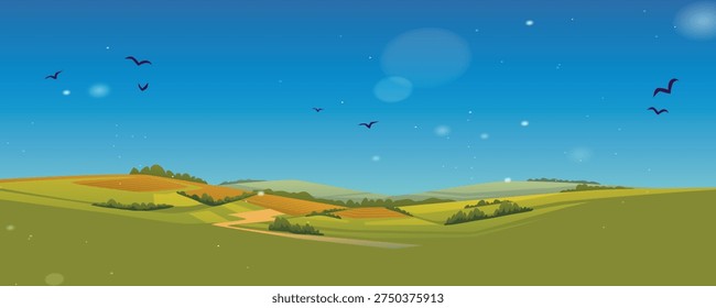 Bats Flying Over Rolling Green Hills at Twilight with Bokeh Lights