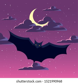 bats flying in scene of halloween vector illustration design