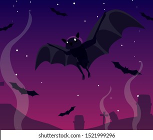 bats flying in scene of halloween vector illustration design
