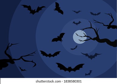 Bats flying in the sky on a full moon night. Halloween Background