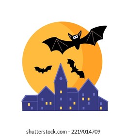 Bats flying under the night city against the big moon. Vector isolated color illustration 