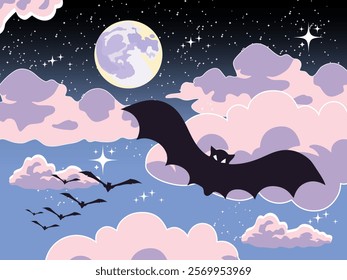 Bats flying under a starry night sky with scattered stars creating a mystical atmosphere.  