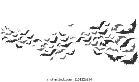 Bats flying. Vector vampire bat set isolated on white background, halloween scary creepy animals in sky horizontal path divider