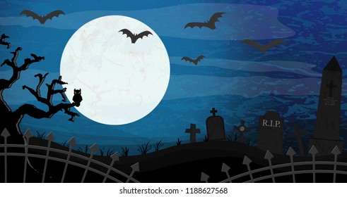bats in front of full moon with scary illustrated graveyard elements for Halloween background layouts