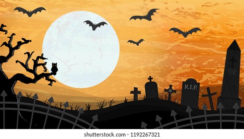 bats in front of full moon with scary illustrated graveyard elements for Halloween background layouts