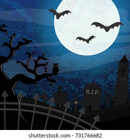 bats in front of full moon with scary illustrated graveyard elements for Halloween background layouts
