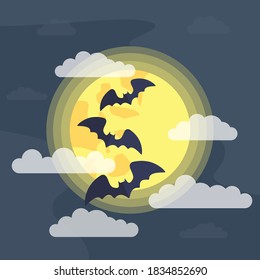 bats go through the moon with a yellow light and fog on midnight
