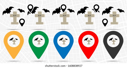 Bats, gravestone, inscription, color icon in location set. Simple glyph, flat illustration element of halloween theme icons