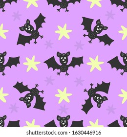 Bats for Halloween.Vector seamless pattern with bats and stars on a lilac background for textiles, fabric, Wallpaper, background, wrapping paper, fabric.