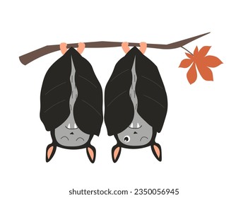 Bats hang upside down on a branch. Vector graphics.