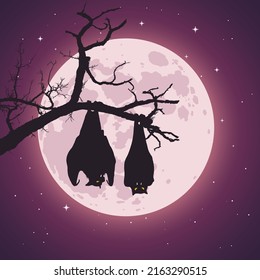 A bats hanging creepy tree branch at moon night  halloween scene  Vector illustration  Halloween background 