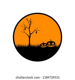 Bats hanging upside down on leafless tree with evil pumpkins on the lawn. Halloween background vector illustration