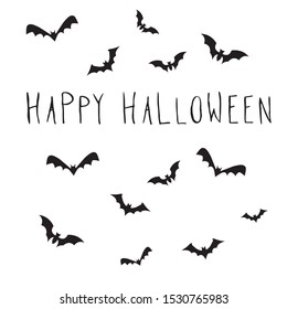 Bats and happy halloween hand lettering text banner for october holidays. Vector illustration.