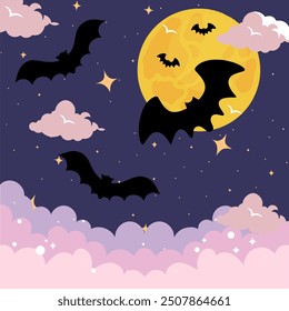 Los murciélagos acechan una noche de Halloween en pastel: los murciélagos de silueta bailan a través de un vibrante cielo iluminado por la luna, su espeluznante vuelo contrastado por las nubes de colores pastel de ensueño en esta caprichosa ilustración de Halloween.