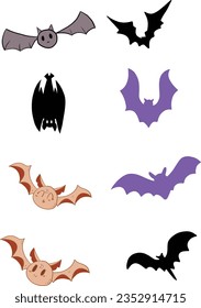 Bats horror set. Groovy bat. Sticker with a black mouse for Halloween decorations. Simple icon with animal from different sides flies, hangs. Cartoon flat vector collection isolated on white backgroun