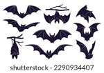 Bats horror set. Sticker with black mouse for Halloween decorations. Simple icon with animal from different sides flies, hangs, sleep. Cartoon flat vector collection isolated on white background